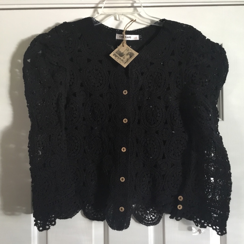 NWT ORIGAMI black crochet puff shoulder cardigan S M